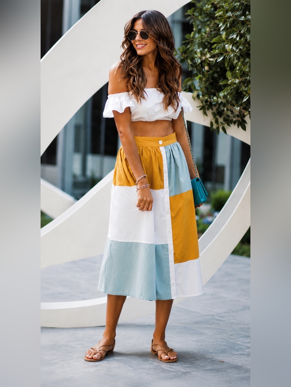 ASOS Color Block Button Front Midi Skirt Mustard Blue White US 4